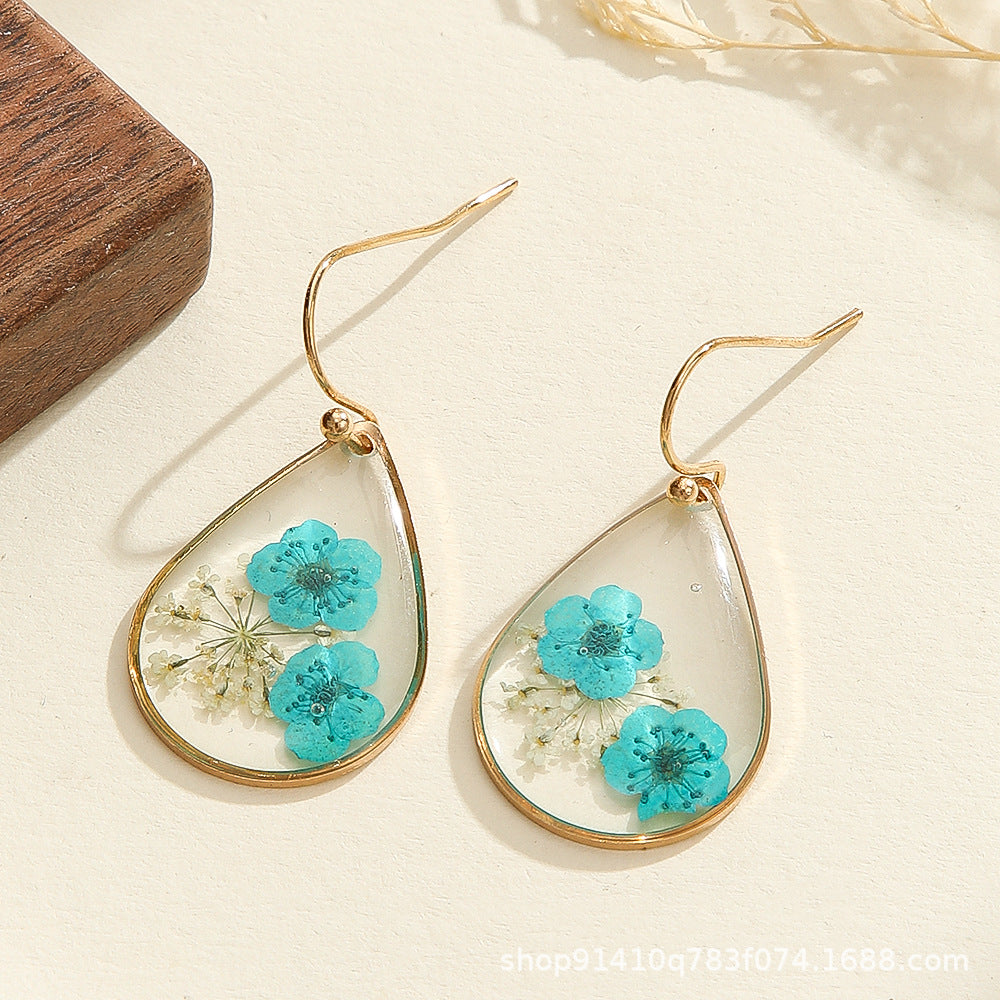 Wholesale transparent camellia dried flower water drop flower earrings